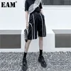 [EAM]ハイウエスト黒スプライスストラップ不規則な膝丈ズボンルーズフィットパンツ女性ファッションスプリング夏1DD7549 21512
