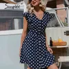 Mode Polka Dot Kvinnor Sommarknapp V-Neck Ruffle Ärmlös Casual Shirt Klänningar A-Line Vintage Spring Dress 210414