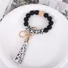 12 färger Silikonpärlor Tassel Bead String Bracelet Keychain Matkvalitet Leopard Träpärlor Armband för Kvinnor Tjej Key Ring Wrist Rem