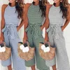 Women Elegant Sexy Jumpsuits Sleeveless Striped Jumpsuit Loose Trousers Wide Leg Pants Rompers Holiday Belted Leotard Overalls 210422