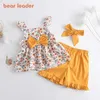 Bear Leader Fashion born Clothes Summer Toddler Baby Flowers Vest and Shorts with Handband Girls Bow-knot Outfits 1-4Y 210708