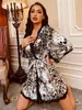 Sexy Bathrobe Allover Print Lace Trimed Belted Night Robe Leopard Nightwear Cozy Bridesmaid Wedding Party Nightdress 210924