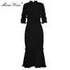 Fashion Designer Runway Dress Summer Women V-neck Half sleeve Lace Button Slim Packet hip Elegant Fishtail 210524