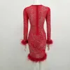 Women Sexy Long Sleeve Winter Sequins Mesh Beading Feathers Dress Designer Christmas Evening Celebrity Party Vestido 210527