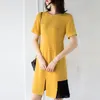 L80554# New Summer Women Fashion Dress Short Sleeve Color Block Front Slit Lady Chiffon Splice Casual Dress With Pockets Yellow M L