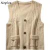 Neploe V-neck Chic Button Double Pockets Vest Women Twist Patchwork Knitted Tank Autumn Simple Fashion Sleeveless Sweater 210423