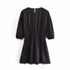 Woman Dress Black Lace Mini Women Summer Puff Sleeve Short es Ladies Elastic Ruched Casual es 210519