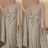 Long Sleeves Evening Dresses A Line Ruched Beaded Pearls Crystals Floor Length High Neck Custom Made Formal Prom Party Gown Side Slit Svestidos