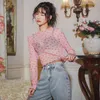 Mesh Crop Top Long Sleeve T Shirt Women Summer Pink Printed Tshirt Casual Transparent Tee Korean Clothes 210427