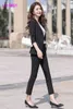 春のトレンディなファッションは薄い女性のツーピースのズボン+スーツジャケット3四半期のポリエステルシングルブレスト210416