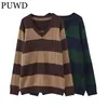 PUWD Vintage Women V Neck Stripe Pullover allentato Maglioni Autunno Fashion Ladies Streetwear lavorato a maglia Y2K Girls Chic Maglieria 211123