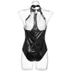 Vrouwen Helder Zwart PVC Lederen Bodysuits Choker Ketting Kraag Hot Punk Mode Mesh Catsuit Korte Jumpsuits Y0927