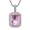 Hip Hop Square Solid Zircon Color Gemstone Pendant Mens Micro Red Pink Necklace With 3mm24inch Twist Chain