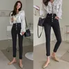 Jesień czarne ciasne spodnie dżinsy damskie koreański styl jednopłobiony wysoki talia Slim wyglądający chude spodnie Pantalon 11570 210521