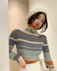 Primavera Outono Estilo Coreano Slim Tops Tops Turtleneck Manga Longa T-shirt Mulheres Casual Stripe Tees Camisa Femme (R99523) 210423