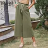 Solid Frill Trim Tie High Cintura Calças Mulheres Verão Bolso Coreano Moda Casual Pants Pants Feminino Capris 210510