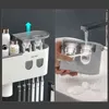 Magnetic Adsorption Inverted Toothbrush Holder Double Automatic Toothpaste Squeezer Dispenser Storage Rack Bathroom Accessories 211222