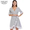 Moda Drewniany Ucha Nieregularna Wave Point Szyfonowa Sukienka Kobiety Flare Rękaw Summer Dot Sukienka Kobiety V-Neck Kobiety Dress 3330 50 210528