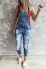 Damen Retro-Denim-Latzhose, Jeans-Overalls und Strampler, Damen-Overall mit zerrissenen Löchern, lässig, Stretch, langer Playsuit, Taschen, Overall für Damen