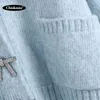 Kadın Örgüler Tees Kadın Moda Yay Rhinestone Düğmeler Gevşek Örme Hırka Kazak Vintage Uzun Kollu Cepler Kadın Giyim Şık B
