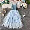 Sweet Denim Ruffles Princess Vestidos Spring Kawaii Korean Women Dress Ins Fashion Mesh Patchwork Dress 210521