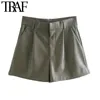 TRAF Women Chic Fashion Faux Leather Pleated Shorts Vintage High Waist Zipper Fly Side Pockets Female Short Pants Mujer 210415