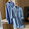 Spring Fashion Women Long Sleeve Turn-down Collar Denim Shirts Double Pocket Loose Casual Blouses Femme Tops V30 210512