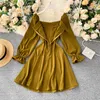 Ly varey lin herfst effen jurken vrouwen vintage vierkante kraag lantaarn mouw hoge taille single breasted slank 210526