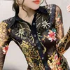 Herfst winter glanzende blouse Europese kleding mode sexy luipaard patchwork print vrouwen allemaal match shirt ropa mujer tops t08605L 210401