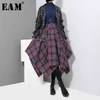 [EAM] Printemps Taille Haute Rouge Plaid Split Joitn Lâche Big Hem Demi-Corps Jupe Femmes Mode All-match JD402 210629
