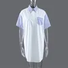 [EAM] Women Contrast Color Striped Sashes Shirt Dress Lapel Short Sleeve Loose Fit Fashion Spring Summer 1DD8561 21512