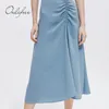 Été Vintage femmes Satin drapé mince élégant brillant soie fête jupe mi-longue 210415