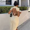 CuteeW Elegancki Dzianiny Krótki Rękaw Bodycon Maxi Sukienka Kobiety Suma Sexy Backless Bandaż Streetwear Solidna Stretch Lady Dresses Y1006