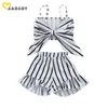 1-6Y Striped Toddler Baby Kid Girl Clothes Set Bow Vest Tops Ruffles Shorts Outfits Child Beach Holiday Costumes 210515