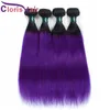 Två ton peruanska jungfruliga hårförlängningar 1b lila färgade silkeslen raka buntar 3pcs Dark Roots Ombre Weave Durable Double Weft