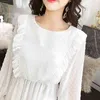 Robe en mousseline de soie blanche à volants florales automne taille élastique évasée à manches longues femme midi robe vintage robes élégantes en vrac 210507