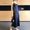 Été Femmes Long Slip Spaghetti Strap Noir Gris Vintage Sexy Satin Maxi Dress 210415