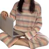 Zima Kobiety Cartoon Piżamy Z Długim Rękawem Flanel 2szt Piżamy Zestaw Gruby Coral Velvet Sleepwear Home Suit dla Pijama 210831