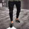 Прохладная мода растягивающие джинсовые черные джинсы разорвали разрушенные стройные брюки хип-хоп с отверстиями для мужчин 2111111