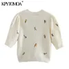 KPYTOMOA Women Fashion With Embroidery Cropped Knitted Cardigan Sweater Vintage Puff Sleeve Female Outerwear Chic Tops 210714