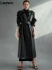 Lautaro Осенняя длинная негабаритная черная искусственная кожаная кожа для женщин с длинным рукавом пояс двойной грубого моды 211007