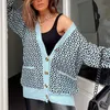 여성 캐주얼 대형 카디건 니트 스웨터 가을 V 넥 랜턴 긴 소매 싱글 가슴 인쇄 된 니트 211018