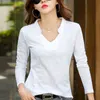 Long Sleeve Women V-Neck Bamboo Cotton T-shirt Elegant Loose Fashion Brand Tee shirt Ladies Autumn winter Stand Collar Tops 211110