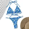 Traje de baño de mujer 2021, traje de baño de cuerda, ropa de playa, traje de baño Sexy con estampado Floral azul, conjunto de Micro Bikini triangular de corte alto para mujer