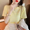 MATAKAWA 여름 한국 패션 여성 티셔츠 격자 무늬 반팔 티셔츠 여성 야생 느슨한 라운드 넥 티셔츠 탑 210513