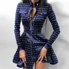 Couro Flare Feminina Vestido Mulher 2021 Houndstooth Imprimir Mulher Faux PU Zipper Vestidos Curtos Outono Elegante Manga Longa Roupas Femininas 210311