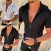 Men's T-Shirts 2022 Summer Men Short Sleeve T-shirt Hooded Zipper Plaid Print Fashion Streetwear Casual Solid Color Male Slim Tops