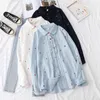 HSA White 100% Cotton Women School Shirt Ruffles Brodery Blue Tops Ladies Bluses Långärmad kvinnlig kontorsskjorta 210716