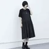 [EAM] Donne Black Pleated Strap Big Size Dress Dress Neck Sleeve Sleeve Adatto Fit Fashion Primavera Estate 1D6696 210512