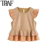Sweet Fashion Patchwork Faux Leather Ruffle Blauses Vintage O Neck Sleeveless Female Shirts Chic Tops 210415